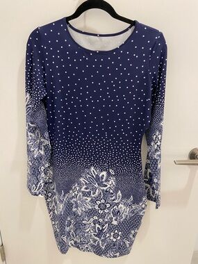 Navy Blue Long Sleeve Floral Dot Dress